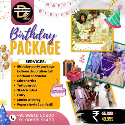 Our all-in-one birthday package is designed to make your child's party unforgettable. It includes everything from balloon decor and a grand entry to fun artists like cartoon characters, mirror artists, and tattoo artists.