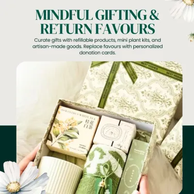 We help you curate thoughtful and sustainable return favors for your guests. Consider mindful gifts like artisan-made goods, mini plant kits, or even making a donation in your guests' names for a truly meaningful gesture.