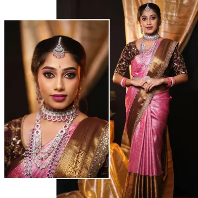 A collage showing different angles of this modern reception look. The focus is on a clean drape that complements the heavy diamond jewellery and embroidered blouse.