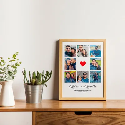 A custom photo collage frame designed for a couple, 'Ardra & Ananthu'. It features a grid of their favorite pictures and a personalized message, creating a beautiful summary of their relationship.