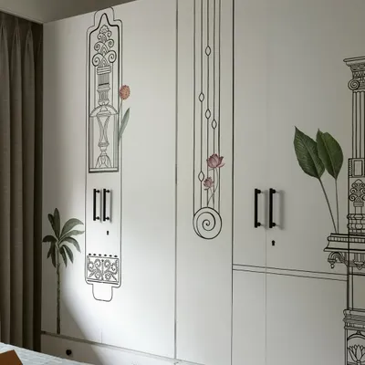 For our Kolam Pop project, we designed these wardrobes with custom illustrations that abstract traditional South Indian architectural elements. The line art turns a simple white wardrobe into a canvas for storytelling.