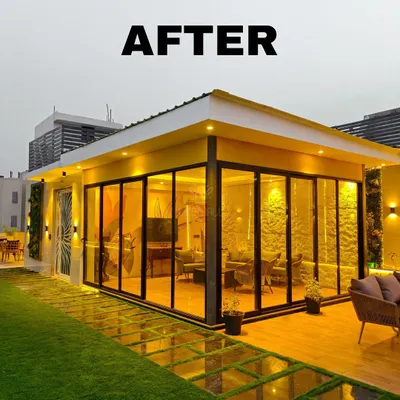 This is what a rooftop room should look like. A full-fledged living space with floor-to-ceiling glass walls, offering panoramic views and a seamless connection to the outdoor garden.