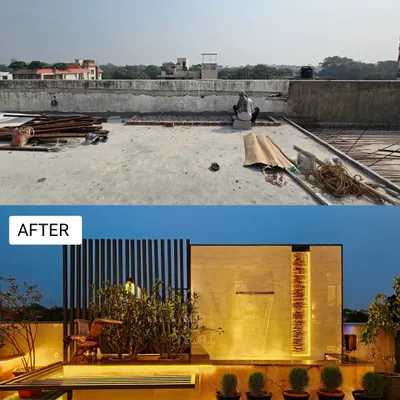 From a barren construction site to a serene evening retreat. We added a stunning water feature wall, built-in seating with ambient lighting, and lush artificial grass to create a complete outdoor living room.