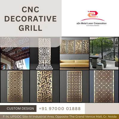 A collage showcasing the versatility of our CNC decorative grills. Examples include outdoor privacy screens, interior wall art, and partition panels in various metallic finishes and patterns, from leafy to geometric.
