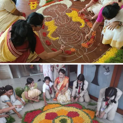 The spirit of Onam comes alive as our teachers and students collaborate to create intricate and colorful Pookalams (flower rangolis), a beautiful tradition celebrating harvest and unity.