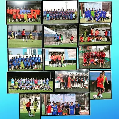 A collage of memories from the 2020-21 season. It shows our teams in action, celebrating victories, and posing with trophies from tournaments like the Goa Champions Cup.