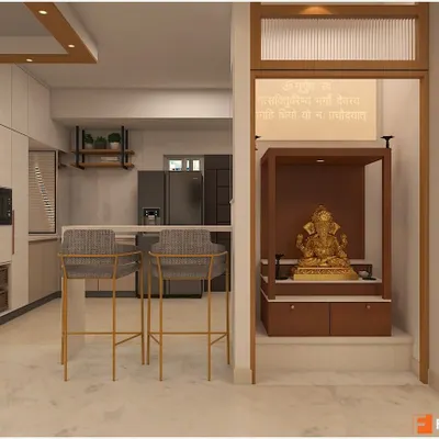 This elegant pooja unit is neatly tucked into an alcove, featuring a traditional wooden mandir with storage. A fluted glass partition provides privacy while adding a modern design element.