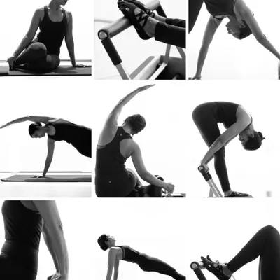 This collage showcases the variety within the Classical Pilates system. From mat work to the Reformer, each exercise is designed to build core strength, improve flexibility, and enhance mental clarity.