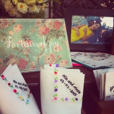 A look back at one of our very first weddings. These custom embroidered handkerchiefs for 'tears of joy' show that from the very beginning, our focus has been on creating personal and heartfelt details that tell a couple's story.