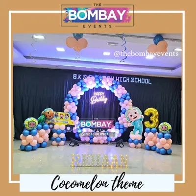This Cocomelon theme is one of my most requested for a reason! It features a full circular balloon arch, light-up letters for the name, a number '3' balloon, and of course, cutouts of JJ and his friends.