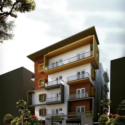 This is an architectural visualization for an upcoming apartment building in Hubli. The design uses projecting and recessed balconies to create a dynamic facade, with wood-toned accents adding warmth and character to the structure.