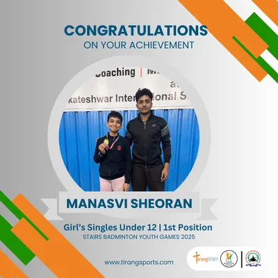 Huge congratulations to our student Manasvi Sheoran for securing the first position in the Girls' Singles Under 12 category at the STAIRS Badminton Youth Games. We are incredibly proud of her achievement.
