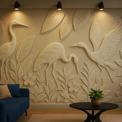 This bespoke 3D wall mural, featuring elegant herons in a natural stone texture, transforms a living area into a serene sanctuary. It's a prime example of our ability to create art that tells a story right on your walls.