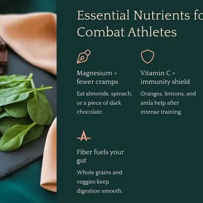 To perform like a combat athlete, you need to eat like one. This includes essential nutrients like magnesium to prevent cramps, Vitamin C for immunity, and iron for endurance.