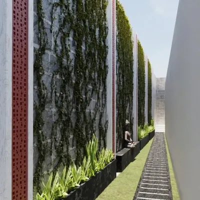 This is a rough design sketch I created for a client's walkway. It shows a plan for a long vertical garden wall, helping us agree on the vision before I start the physical work.