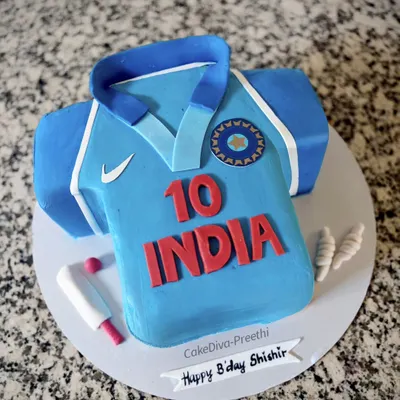 Bleed blue. This cricket jersey cake is perfect for any fan of the Indian cricket team. It's a classic vanilla sponge with a homemade berry filling, carved into a jersey shape and decorated with the team logo and number.