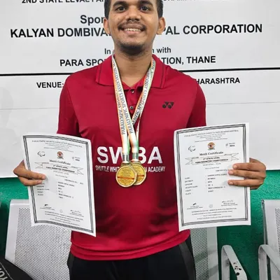Inspiration in action. We are incredibly proud of our coach, Ashish, showcasing his double gold medal win at the Maharashtra State Para Badminton Championship. His victory fuels our entire academy.