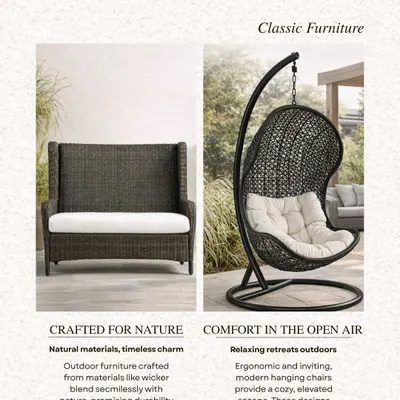 This image showcases two of our classic relaxation pieces: a high-back wicker loveseat and a modern hanging egg chair. Both are crafted for comfort in the open air, providing a cozy and elevated escape.