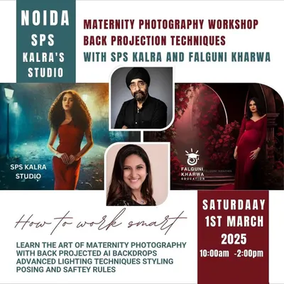 We collaborate with experts like Falguni Kharwa for specialized workshops. This session focused on maternity photography using back-projected AI backdrops, covering advanced lighting, styling, and safety rules.