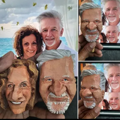 Here's a look at the painting stage for a custom couple figurine. I carefully match skin tones, hair color, and expressions from the reference photos to bring the wooden carvings to life with vibrant, lasting color.