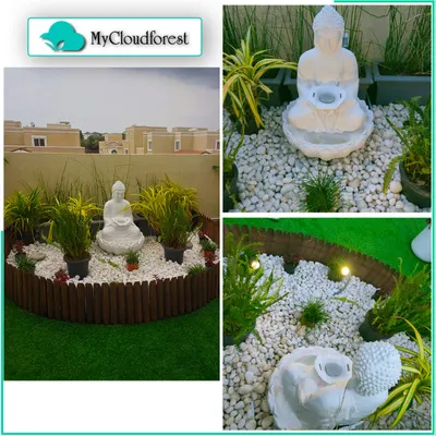 This collage showcases a Zen garden corner I designed for a terrace. It features a white Buddha water fountain as the centerpiece, surrounded by clean white pebbles and low-maintenance greenery, all enclosed by a rustic log border. It’s a perfect, self-contained spot for meditation and quiet contemplation.