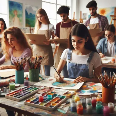 A snapshot of a busy art class at our studio, filled with students engaged in their creative projects.