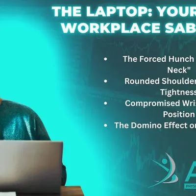 Your laptop can be a silent workplace saboteur. This graphic explains how poor ergonomics lead to "laptop neck," rounded shoulders, and spine issues. We provide targeted physiotherapy to correct these postural problems.