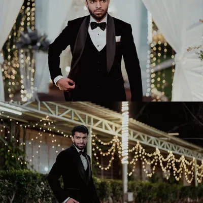 A collage of a groom looking sharp and dapper in a classic black tuxedo for his wedding reception.
