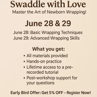 Ready to master the art of newborn wrapping? This graphic breaks down my two-day immersive workshop, covering everything from basic techniques to advanced skills, with all materials provided.