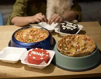 A feast fit for a king! This table is loaded with our dog-friendly pasta, pizza, and personal bento cakes. You can mix and match to create the perfect birthday meal for your pup.