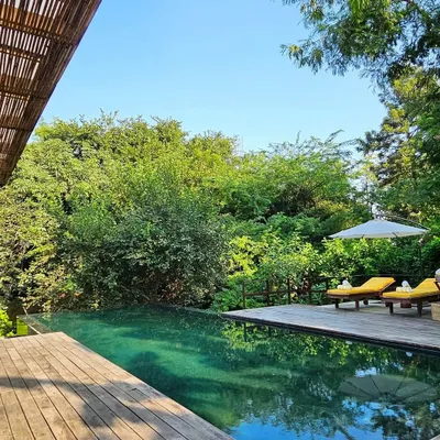 A wide view of the infinity pool and deck, showing how it seamlessly blends into the surrounding forest. A perfect spot for a luxury staycation near Delhi.