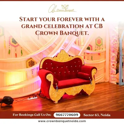 Start your forever with a grand celebration. This image highlights one of our signature royal sofas, a magnificent red and gold piece that serves as a stunning throne for the happy couple during their wedding or reception event.