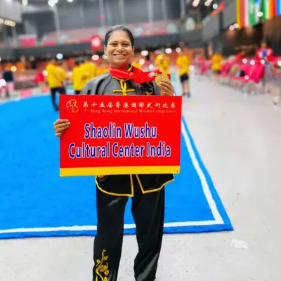 Representing Shaolin Wushu Cultural Center India and winning twin golds at the Hong Kong International Wushu Competition in 2023. This is the standard of excellence I bring to my coaching.
