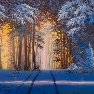 This enchanting winter landscape captures the magical glow of sunlight filtering through snow-covered trees. It's a perfect example of a large landscape painting that can bring a sense of wonder and tranquility to your living room.