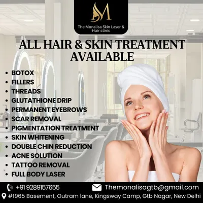 We offer a complete range of hair and skin treatments under one roof. Our services include Botox, fillers, glutathione drips, permanent eyebrows, scar removal, skin whitening, acne solutions, tattoo removal, and full body laser.