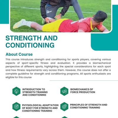 I offer specialized courses like this one on Strength and Conditioning. The program covers everything from biomechanics to fitness training principles, designed for sports enthusiasts and physiotherapists.