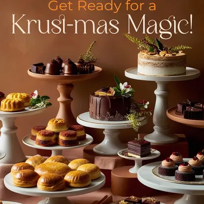 Get ready for "Krust-mas" magic! This is a look at our festive holiday spread, featuring an array of cakes, pastries, and treats perfect for your Christmas celebrations.