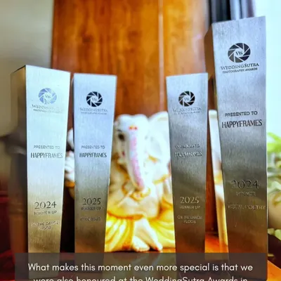 We are thrilled to have been honored at the WeddingSutra Awards for two consecutive years, 2024 and 2025. These trophies represent our commitment to excellence.