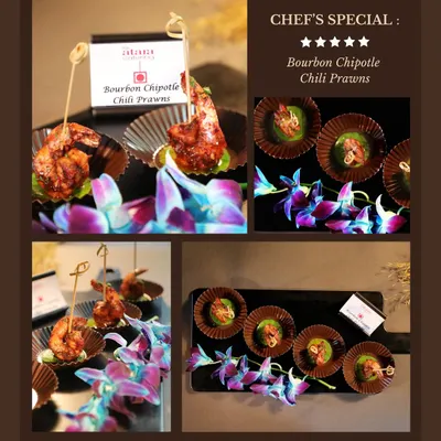 A collage of our Chef's Special: Bourbon Chipotle Chili Prawns. This appetizer is a perfect blend of smoky, spicy, and juicy flavours, elegantly presented for any event.