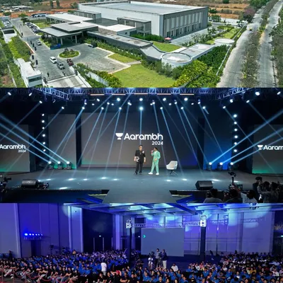 A showcase of my work for the Unacademy Aarambh 2024 corporate summit at JW Marriott Prestige Golfshire. The collage features a sweeping daytime aerial view of the resort venue alongside shots of the professionally lit indoor stage and engaged audience.
