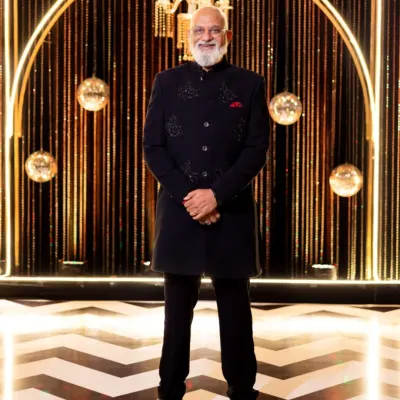 A tailored navy bandhgala with tonal embroidery, crafted for a client. This piece demonstrates how I create refined, age-appropriate, and resolutely custom couture for any formal occasion.
