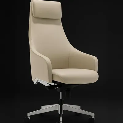 This is our high-back executive chair in a timeless cream leather finish. Its full form shows the seamless integration of the headrest, supportive armrests, and a polished chrome base, designed to offer a powerful yet elegant seating solution.