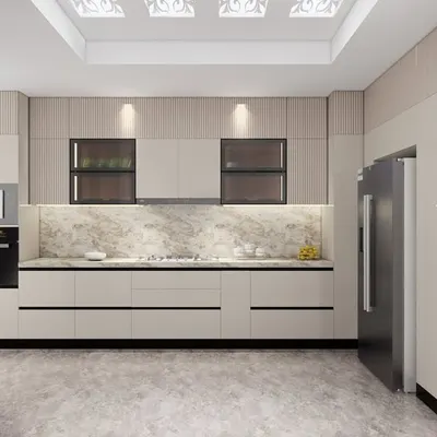 This 3D visualization showcases a spacious straight-line kitchen with a minimalist aesthetic. The light wood and beige tones, combined with a marble backsplash and integrated appliances, create a serene and sophisticated look. The coffered ceiling adds an element of architectural interest.
