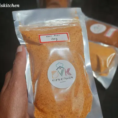 A packet of my homemade Ellu Podi, a flavorful sesame seed powder. This is a versatile podi that can be mixed with rice and ghee or served as a side for idli and dosa.