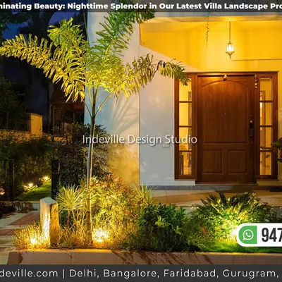 A beautifully illuminated villa entrance at night. I used a combination of uplights and path lights to highlight the palm trees, walkways, and architectural features, creating a warm and welcoming ambiance.