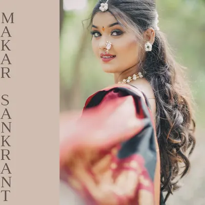 A beautiful Makar Sankranti special portrait of a Marathi Mulgi in a traditional black saree, capturing the festive spirit with a soft, elegant glance.