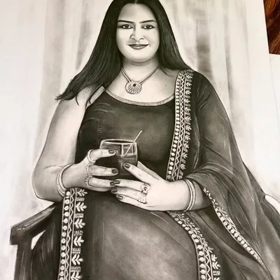 A full-figure portrait sketch, showcasing detailed work on fabric, jewelry, and expression to create a truly lifelike piece.