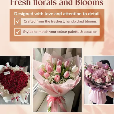A look at some of our fresh floral arrangements. This collage showcases a heart shaped bouquet of red roses, a delicate bunch of pink and white tulips, and a lush bouquet of mixed purple and pink flowers.