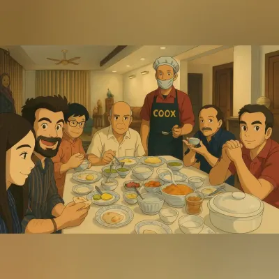 An artistic illustration of a family enjoying a meal together, served by a COOX chef. This captures the essence of what we do: creating happy mealtime memories.