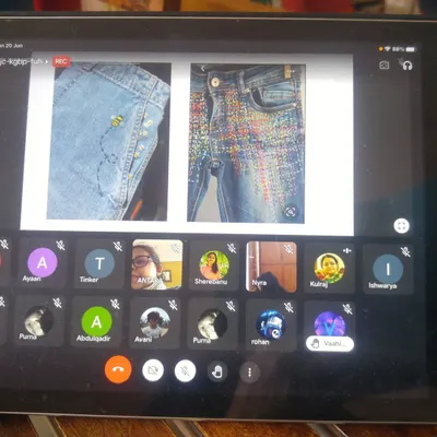 A screenshot from our online tinkering session, where we taught visible mending techniques for jeans. Even from a distance, our community of learners is connected and engaged.